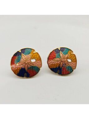 Seashell Clip On Earrings Cloisonne Sand Dollar Colorful Small Vintage 3/4"